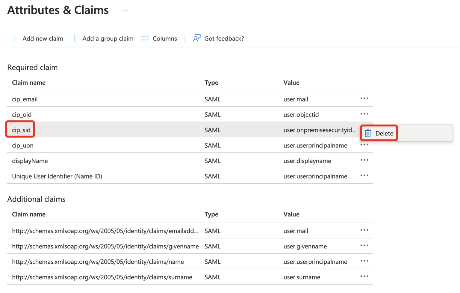 Entra ID enterprise application Attributes & Claims with the SID claim removed